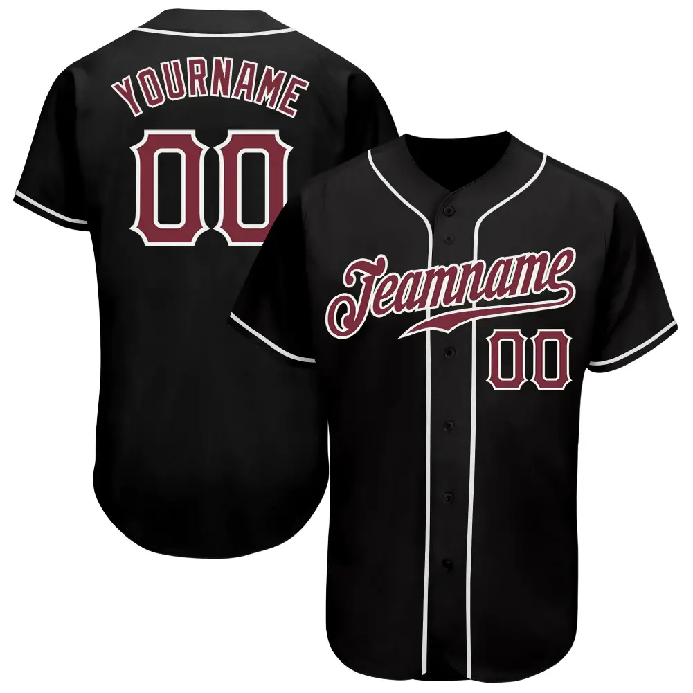 Custom Black Baseball Jersey with Burgundy-White