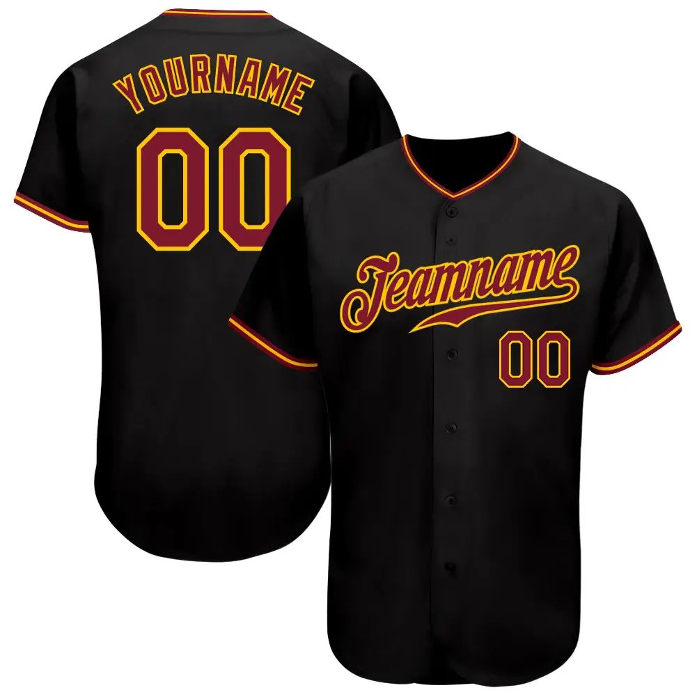 Custom Black Baseball Jersey with Crimson-Gold