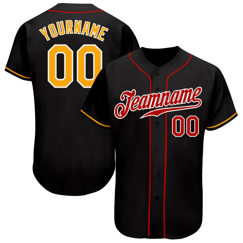 Custom Black Baseball Jersey with Gold-Red