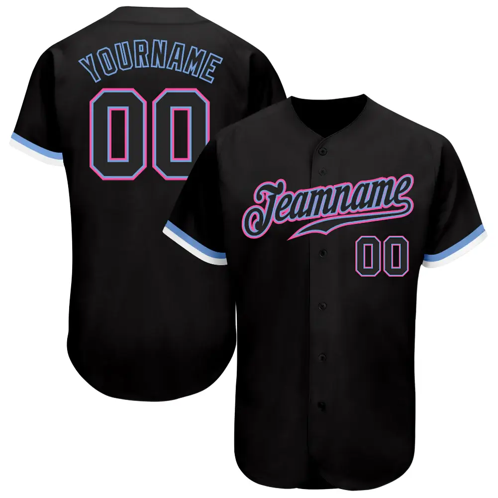 Custom Black Baseball Jersey with Light Blue-Pink