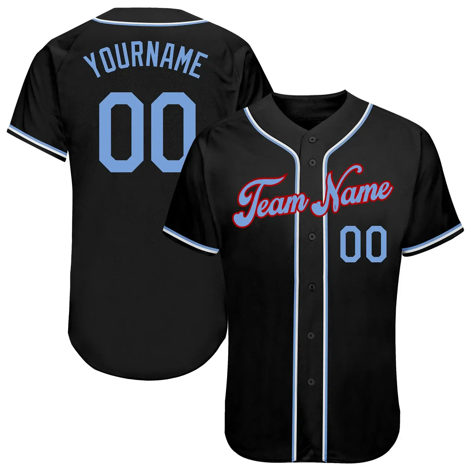 Custom Black Baseball Jersey with Light Blue-Red
