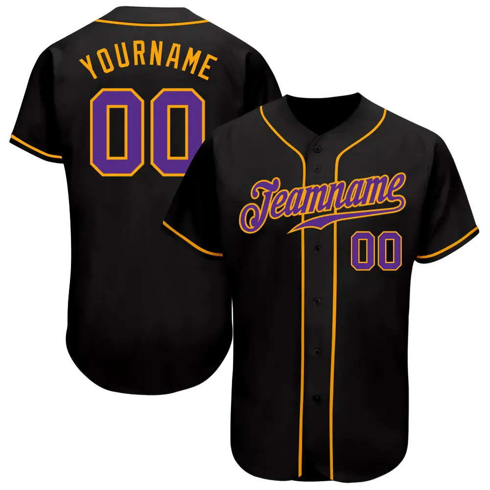 Custom Black Baseball Jersey with Purple-Gold