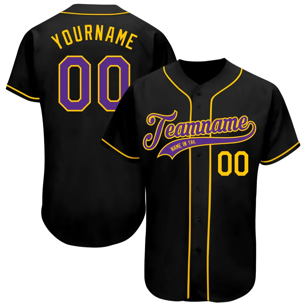 Custom Black Baseball Jersey with Purple-Gold