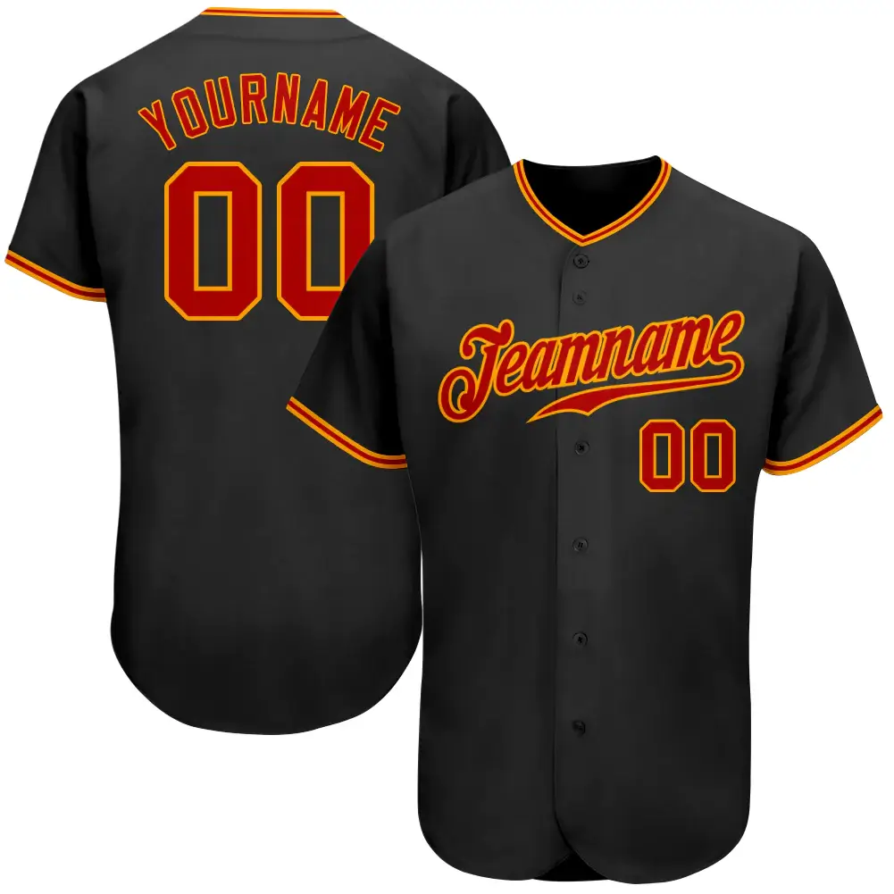 Custom Black Baseball Jersey with Red-Gold
