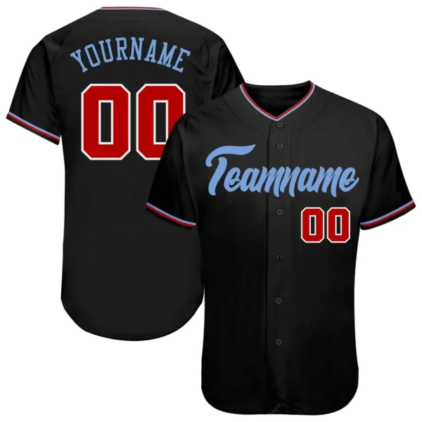 Custom Black Baseball Jersey with Red-Light Blue