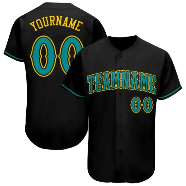 Custom Black Baseball Jersey with Teal-Gold