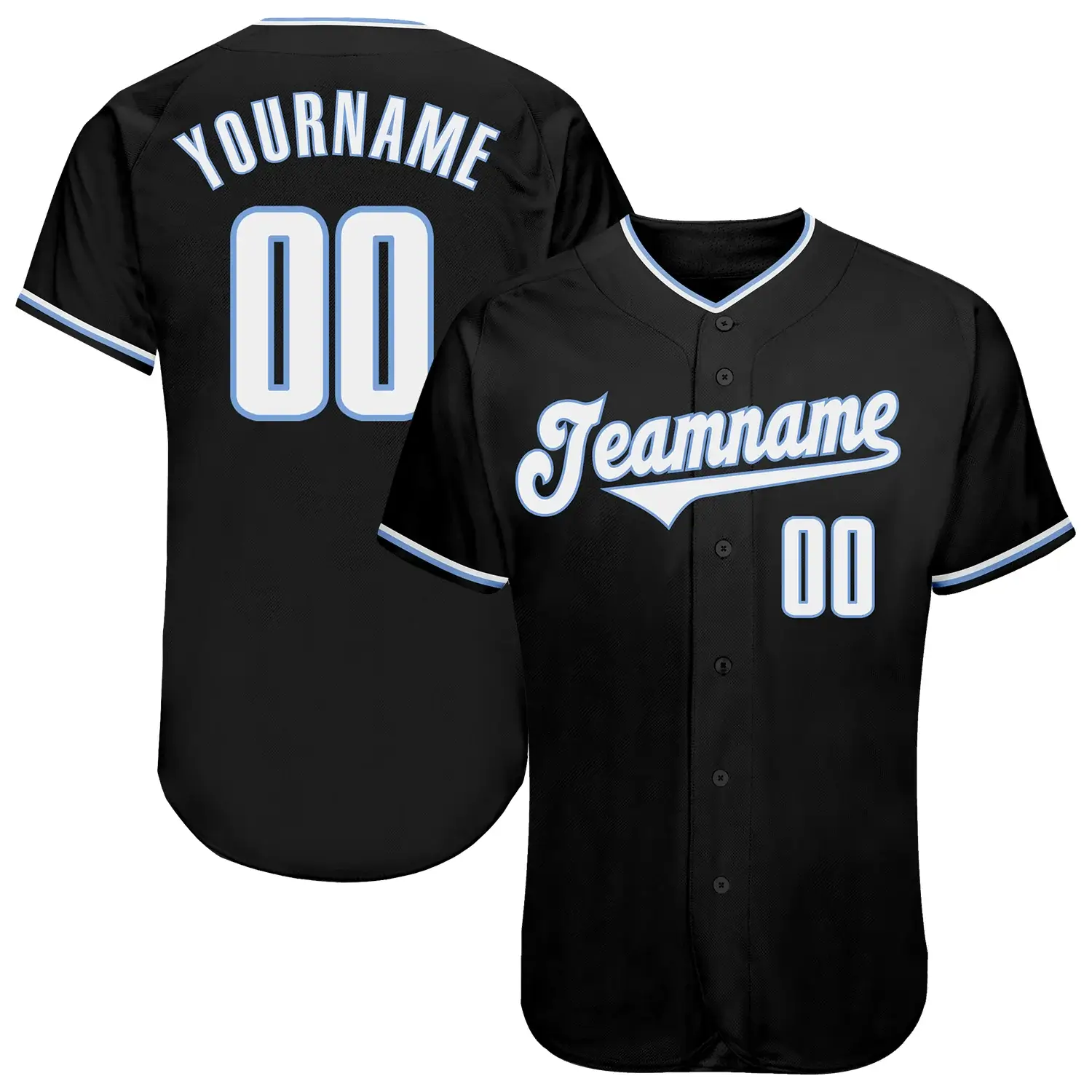 Custom Black Baseball Jersey with White-Light Blue