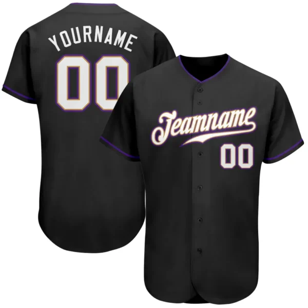Custom Black Baseball Jersey with White-Purple