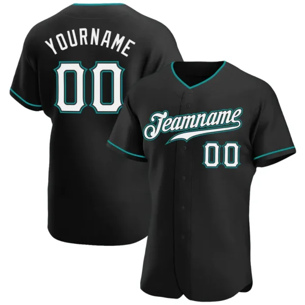 Custom Black Baseball Jersey with White-Teal