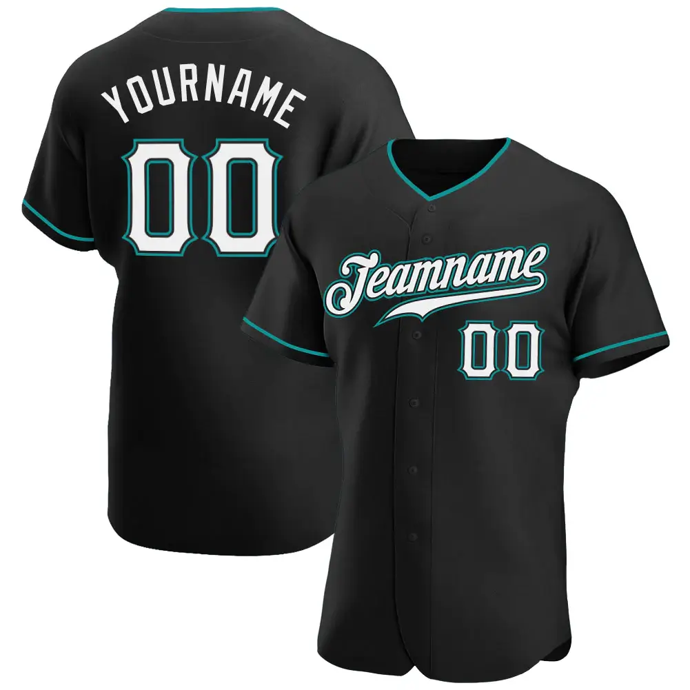 Custom Black Baseball Jersey with White-Teal