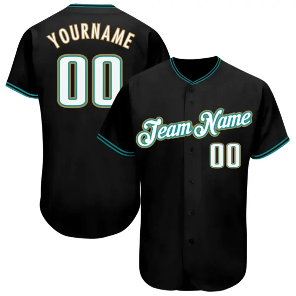 Custom Black Baseball Jersey with White-Teal