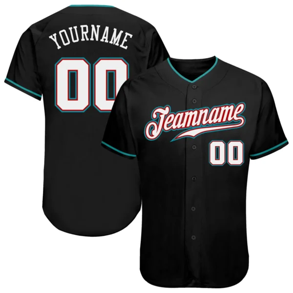 Custom Black Baseball Jersey with White-Teal