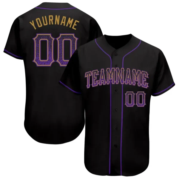 Custom Black Drift Fashion Baseball Jersey with Purple-Old Gold