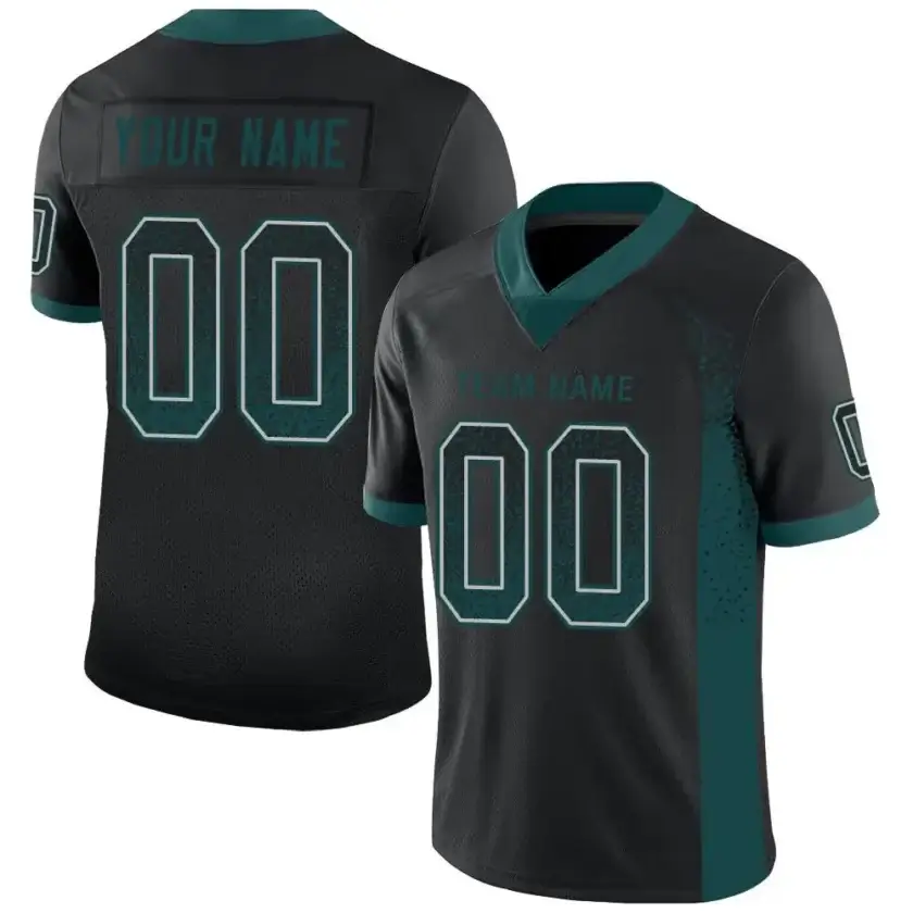 Custom Black Mesh Drift Fashion Football Jersey with Midnight Green