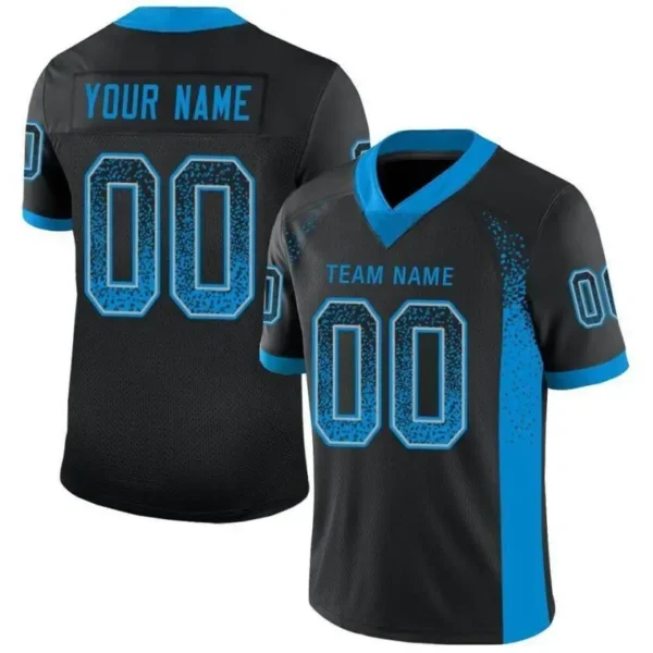 Custom Black Mesh Drift Fashion Football Jersey with Panther Blue