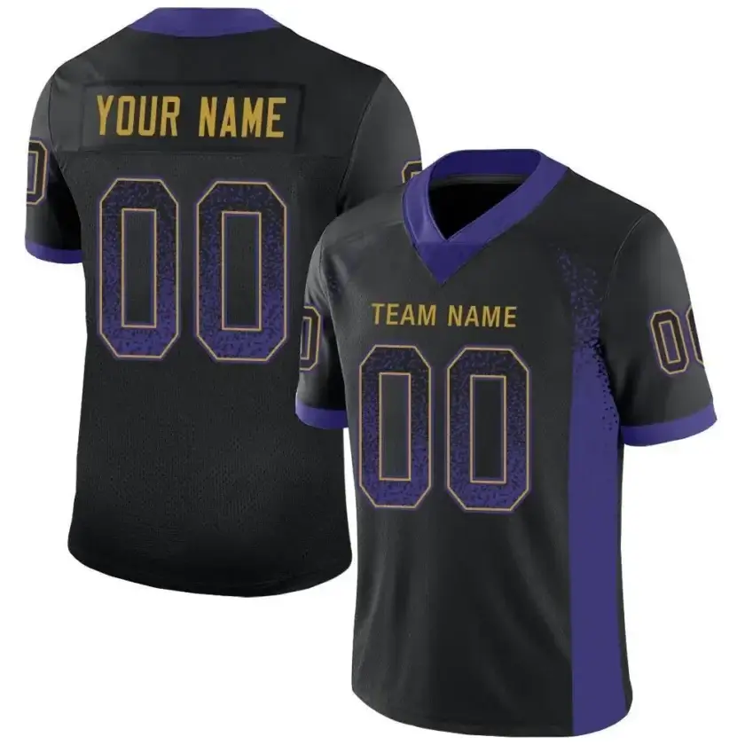 Custom Black Mesh Drift Fashion Football Jersey with Purple-Old Gold