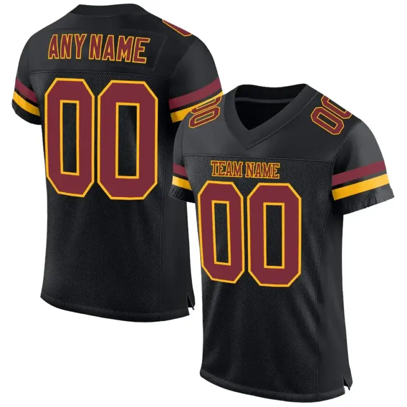 Custom Black Mesh Football Jersey with Burgundy-Gold