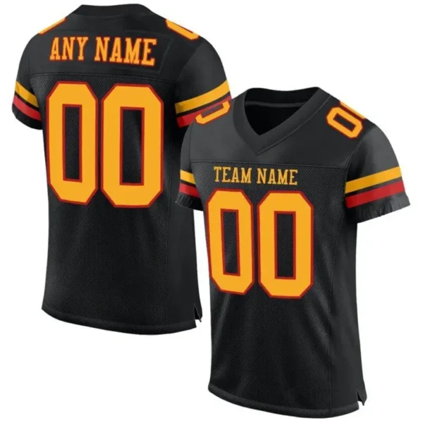Custom Black Mesh Football Jersey with Gold-Scarlet