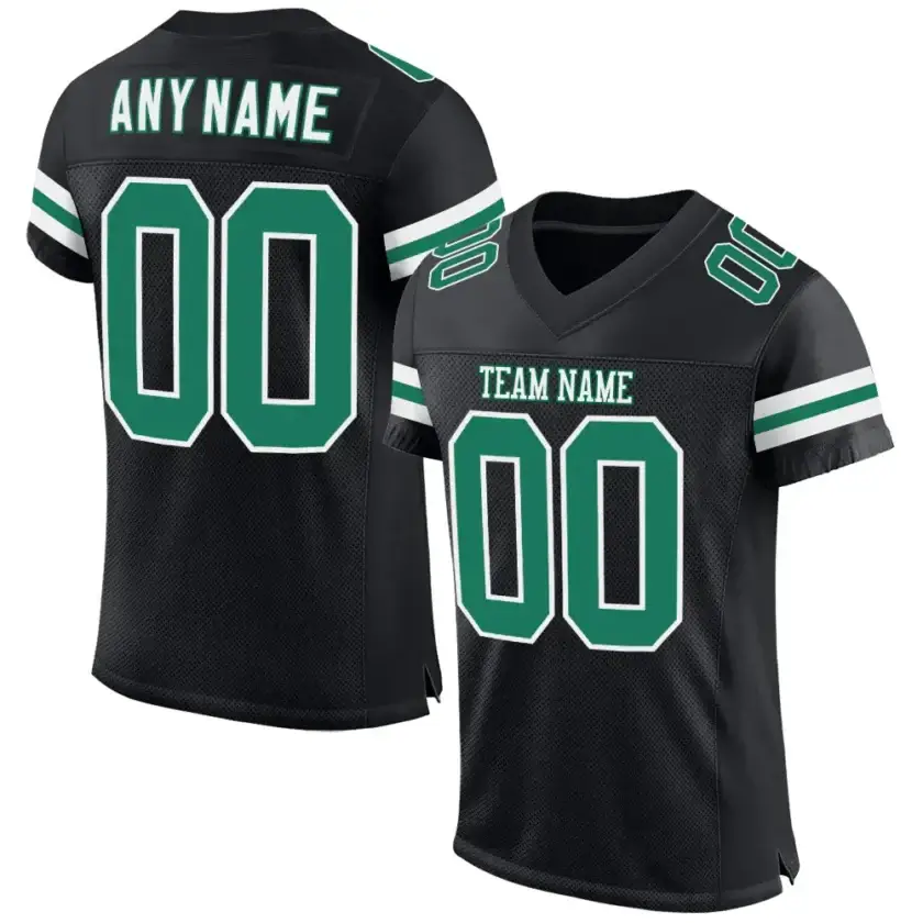 Custom Black Mesh Football Jersey with Kelly Green-White