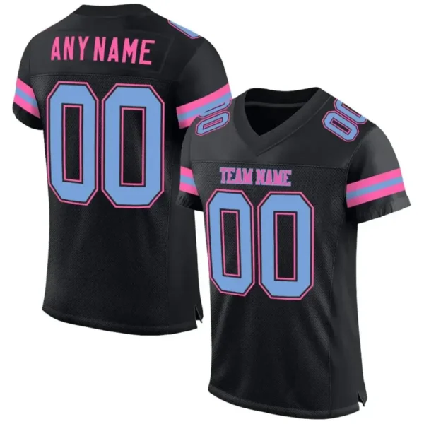 Custom Black Mesh Football Jersey with Light Blue-Pink