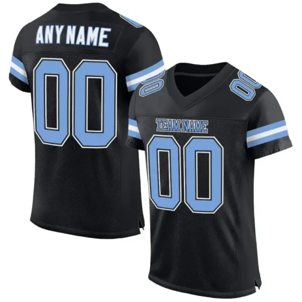 Custom Black Mesh Football Jersey with Light Blue-White