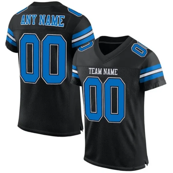 Custom Black Mesh Football Jersey with Panther Blue-White