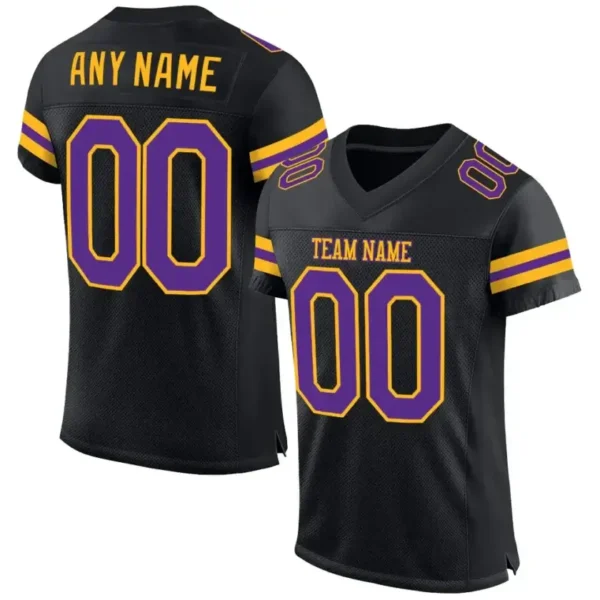 Custom Black Mesh Football Jersey with Purple-Gold