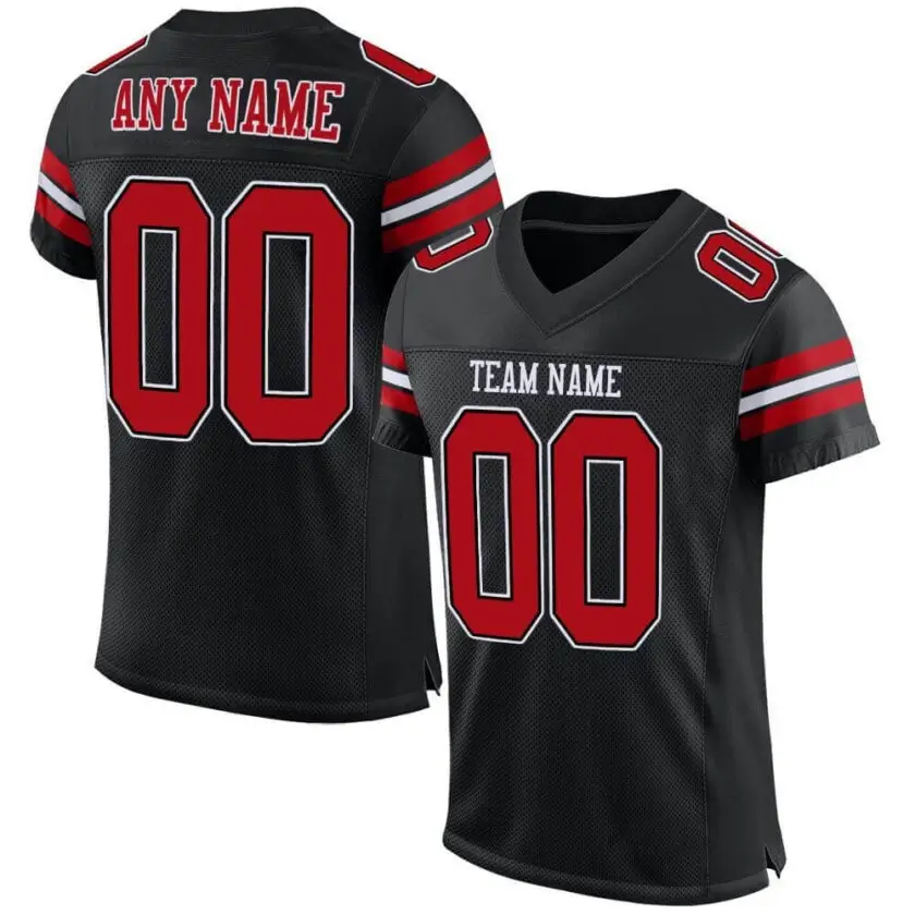 Custom Black Mesh Football Jersey with Red-White