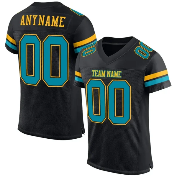 Custom Black Mesh Football Jersey with Teal-Gold