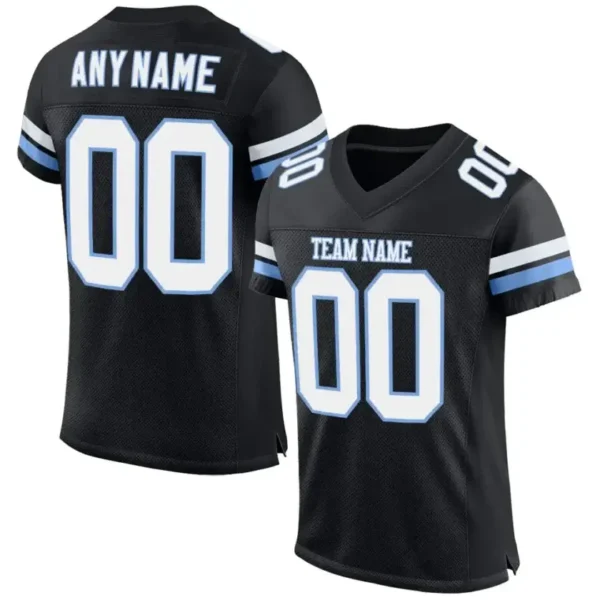 Custom Black Mesh Football Jersey with White-Light Blue
