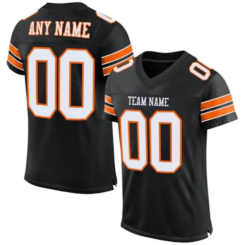 Custom Black Mesh Football Jersey with White-Orange