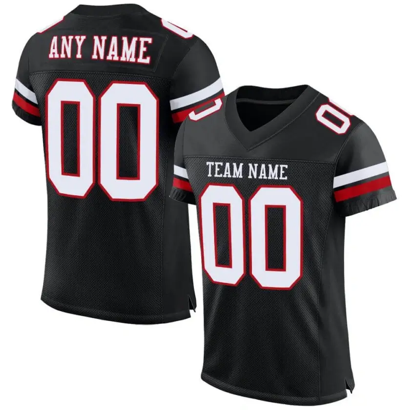 Custom Black Mesh Football Jersey with White-Red