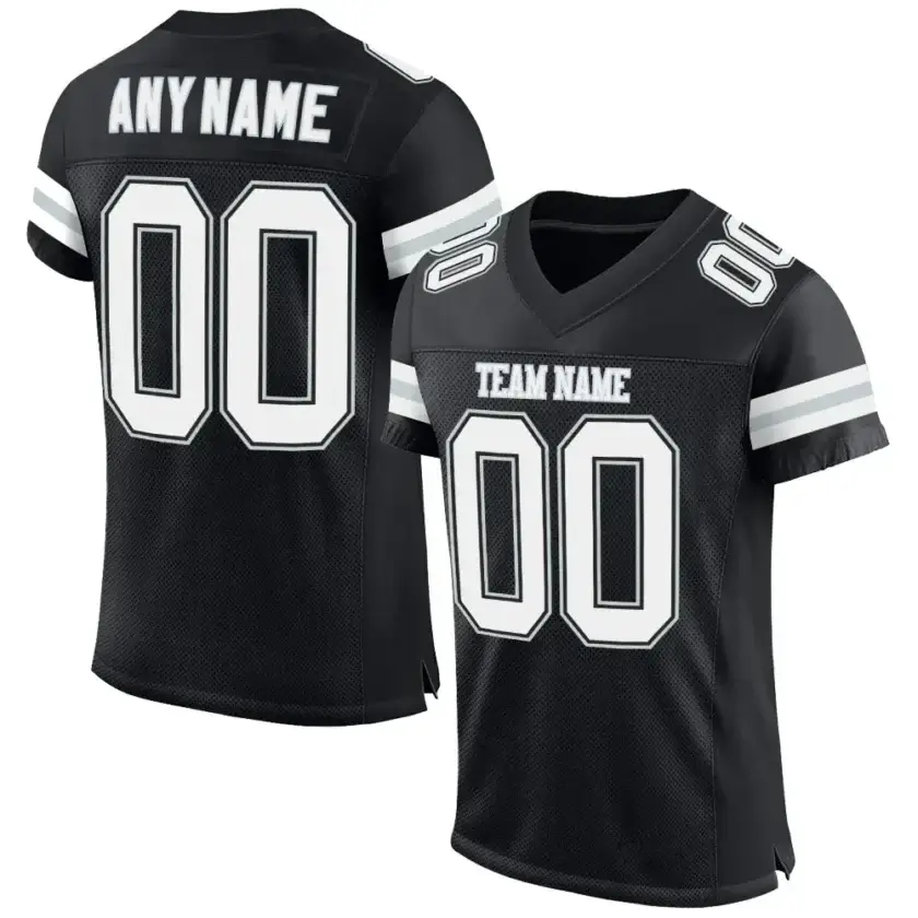Custom Black Mesh Football Jersey with White-Silver