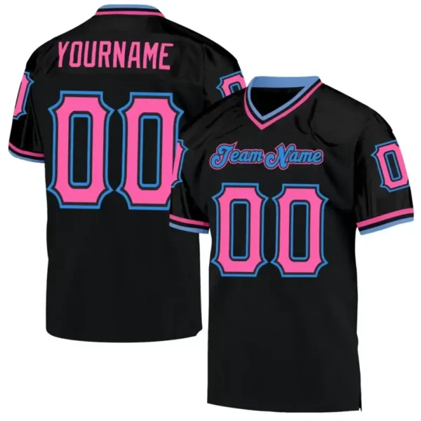Custom Black Mesh Throwback Football Jersey with Pink-Powder Blue