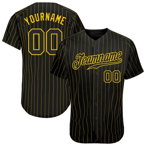 Custom Black Pinstripe Baseball Jersey with Black-Gold