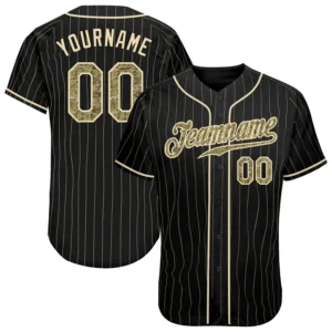 Custom Black Pinstripe Baseball Jersey with Camo-Cream