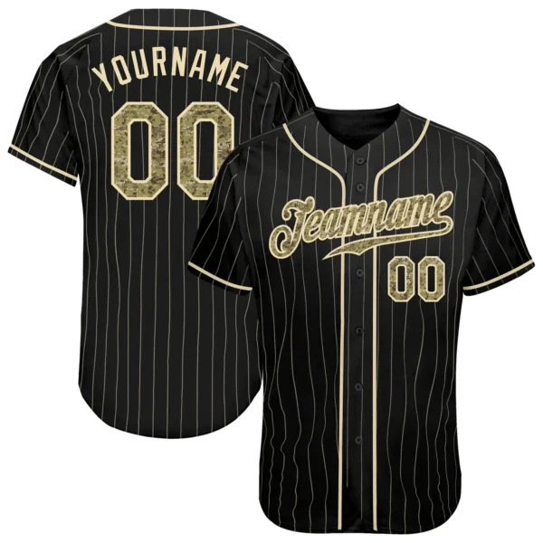 Custom Black Pinstripe Baseball Jersey with Camo-Cream