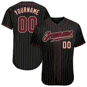 Custom Black Pinstripe Baseball Jersey with Crimson-Cream