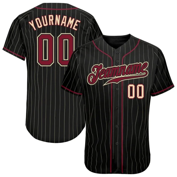 Custom Black Pinstripe Baseball Jersey with Crimson-Cream