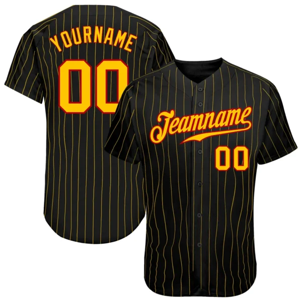 Custom Black Pinstripe Baseball Jersey with Gold-Red
