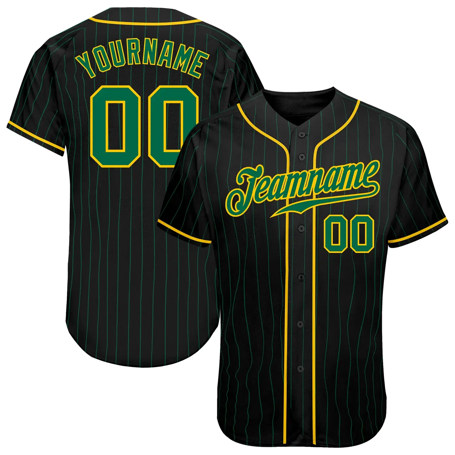 Custom Black Pinstripe Baseball Jersey with Kelly Green-Gold