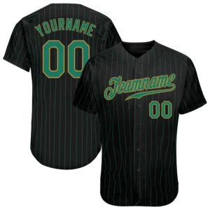 Custom Black Pinstripe Baseball Jersey with Kelly Green-Old Gold