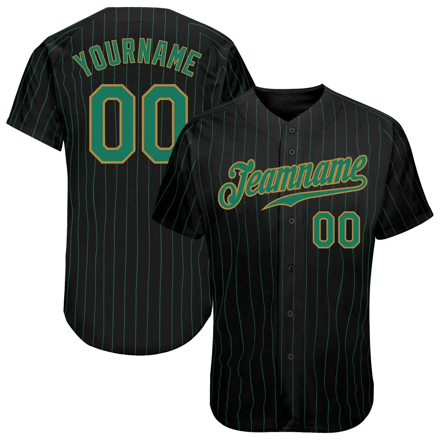Custom Black Pinstripe Baseball Jersey with Kelly Green-Old Gold
