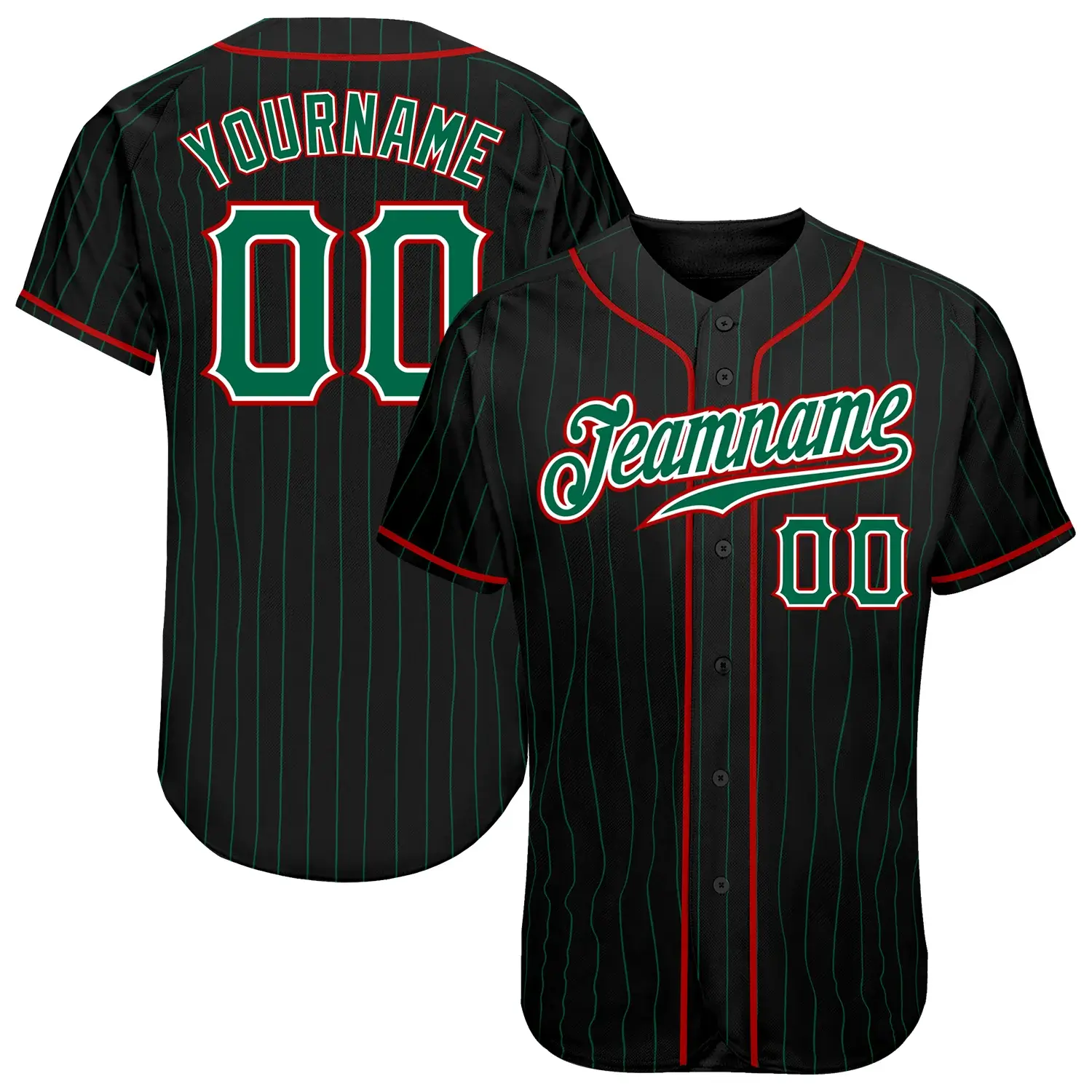 Custom Black Pinstripe Baseball Jersey with Kelly Green-Red