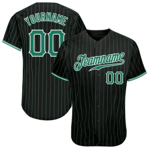 Custom Black Pinstripe Baseball Jersey with Kelly Green-White
