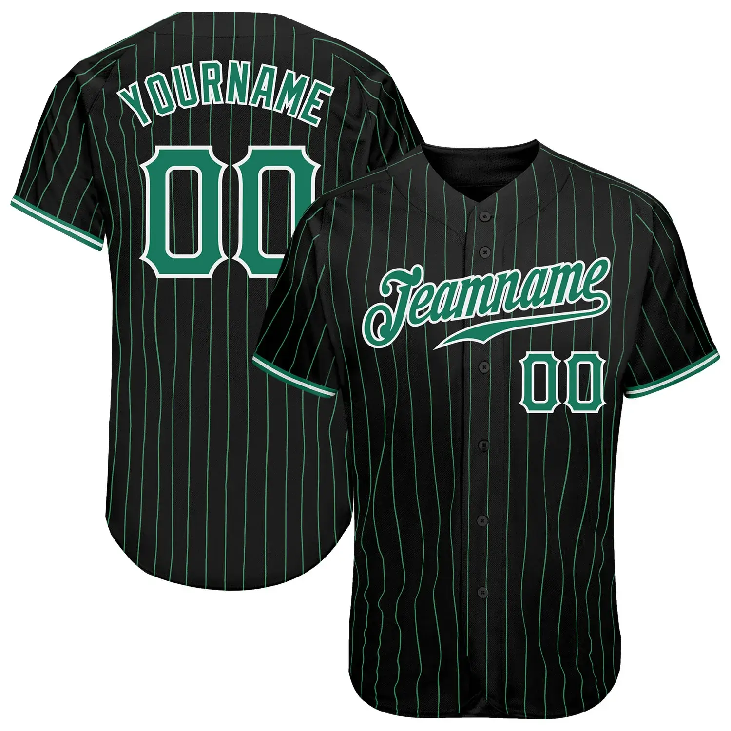 Custom Black Pinstripe Baseball Jersey with Kelly Green-White
