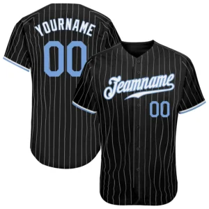 Custom Black Pinstripe Baseball Jersey with Light Blue-White