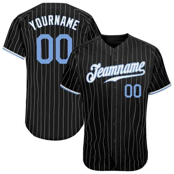 Custom Black Pinstripe Baseball Jersey with Light Blue-White