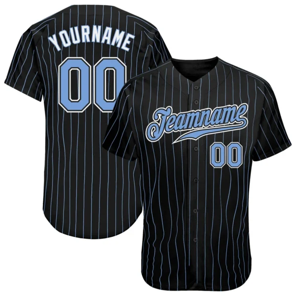 Custom Black Pinstripe Baseball Jersey with Light Blue-White