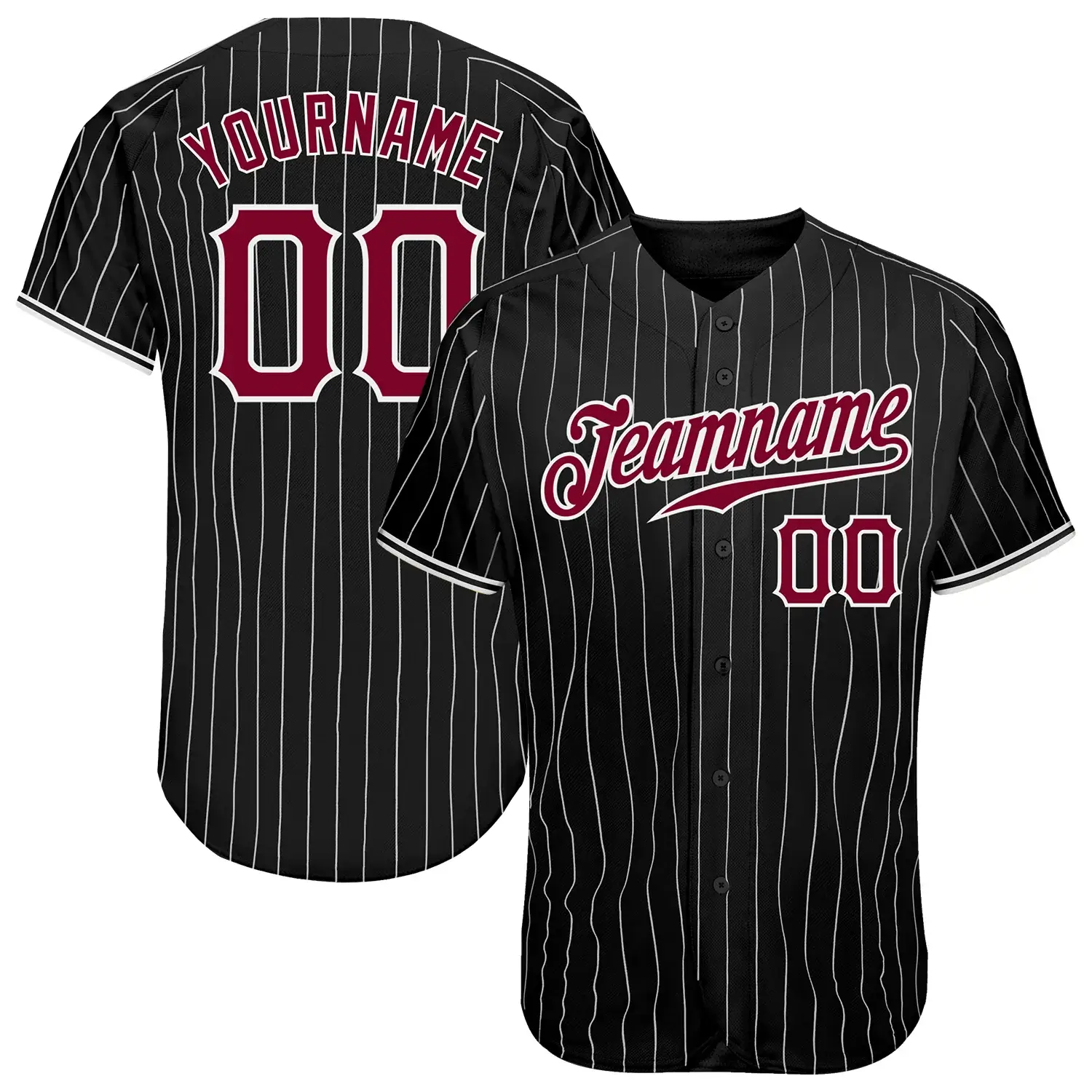 Custom Black Pinstripe Baseball Jersey with Maroon-White